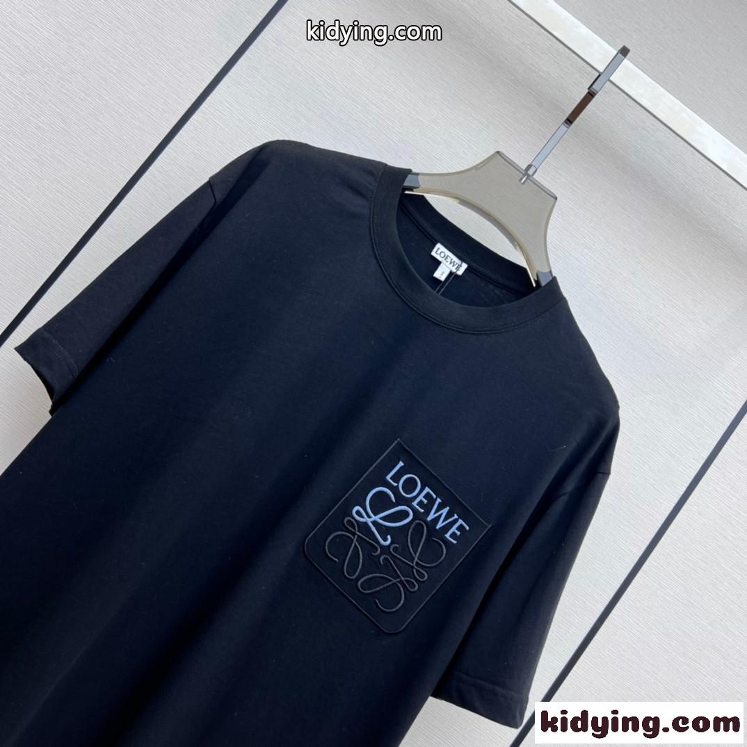 男女兼用 人気 アナグラム 刺繍入り ロエベ Tシャツ コピー コットン 半袖 ブラック-2