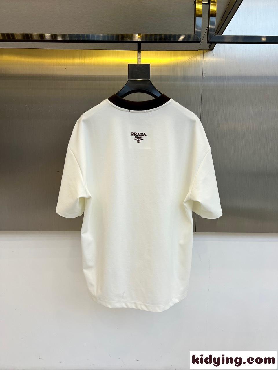 カジュアル リラックス クルーネック プラダ Tシャツ 偽物 コットン ホワイト-3