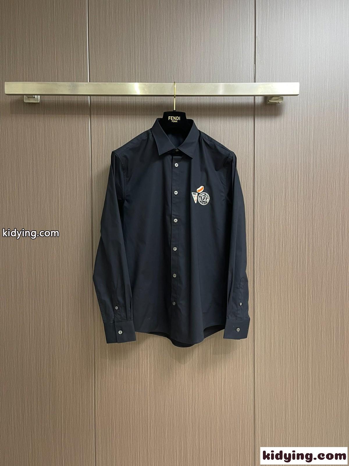 シンプル 刺繍入り ロングスリーブシャツ フェンディ シャツ コピー コットン ブラック-0