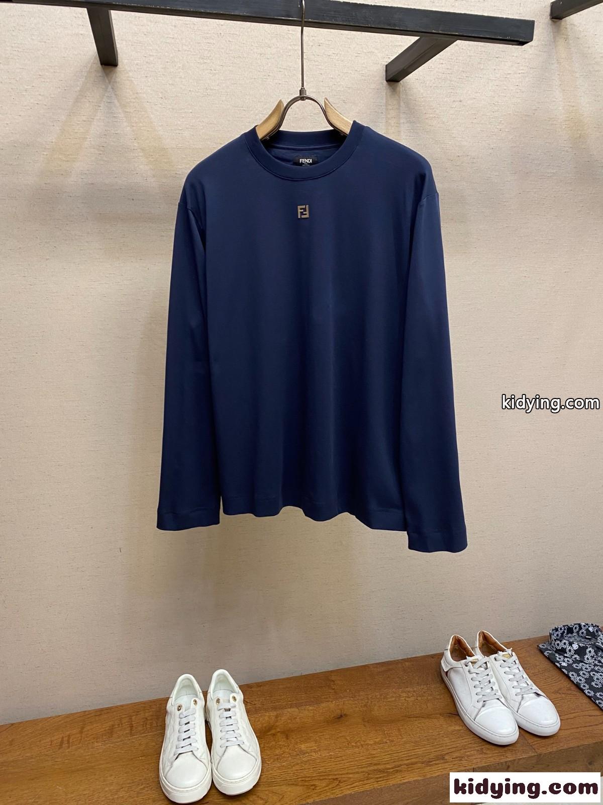 シンプル ロゴ刺繍 クルーネック フェンディ Tシャツ 偽物 長袖Tシャツ-2