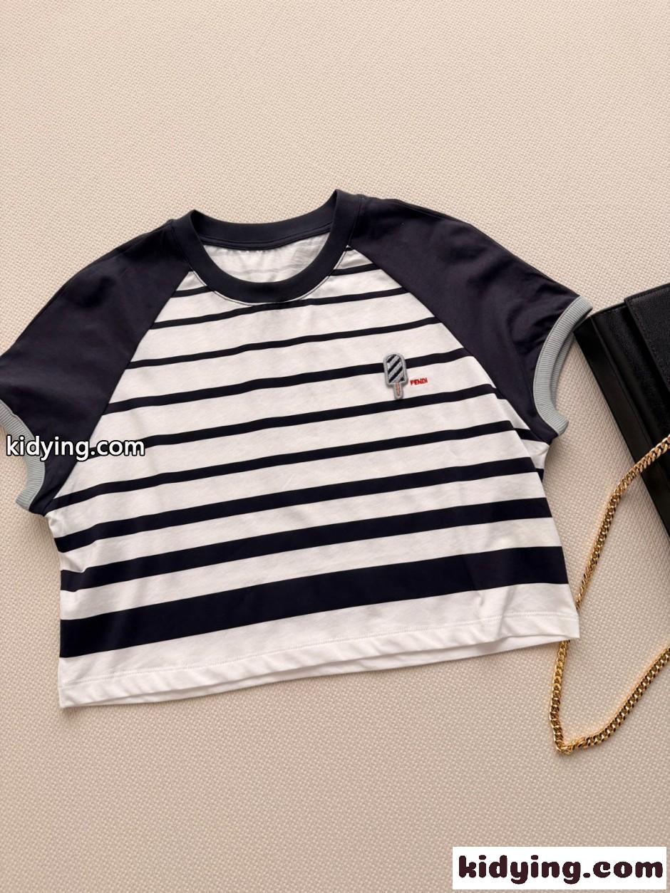ストライプ コットン 半袖Tシャツ フェンディ Tシャツ コピー クロップド丈-4