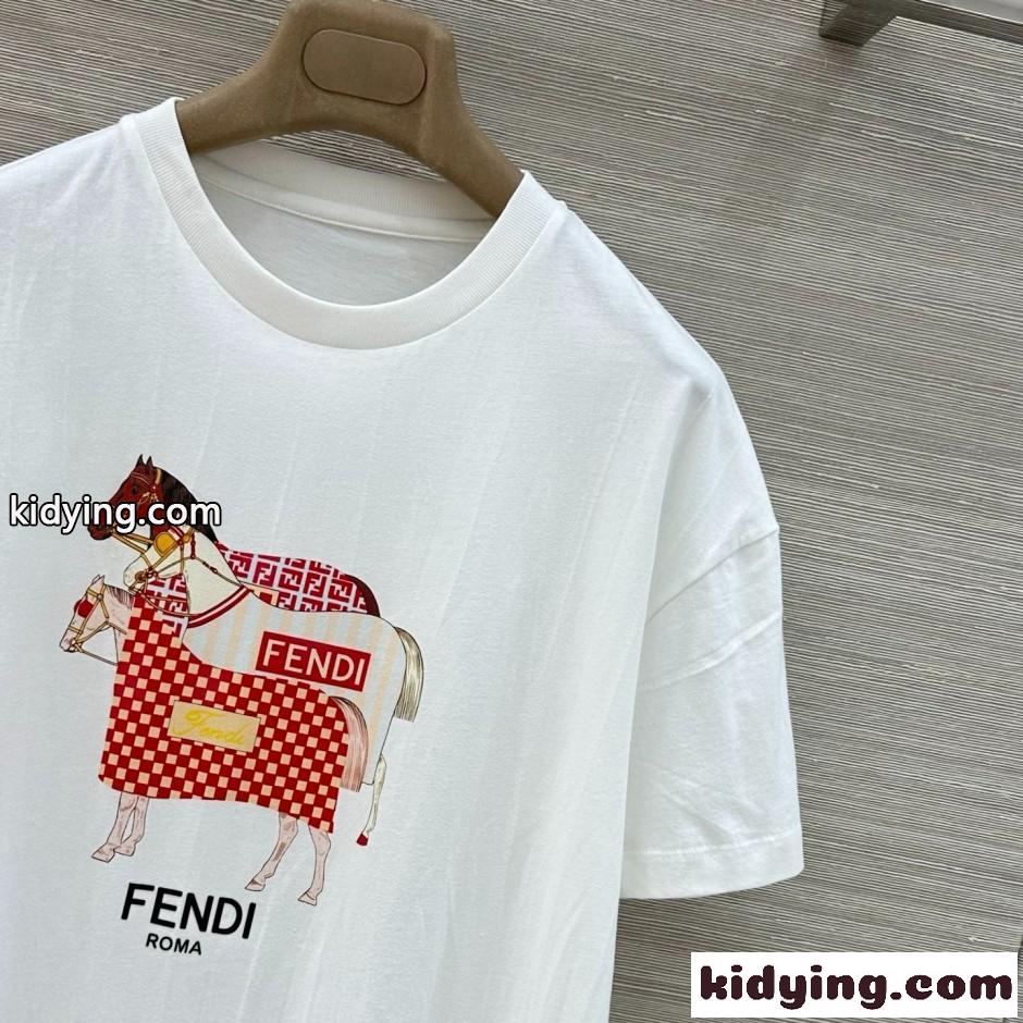 定番 コットン プリント 半袖Tシャツ フェンディ Tシャツ 偽物 ホワイト-1