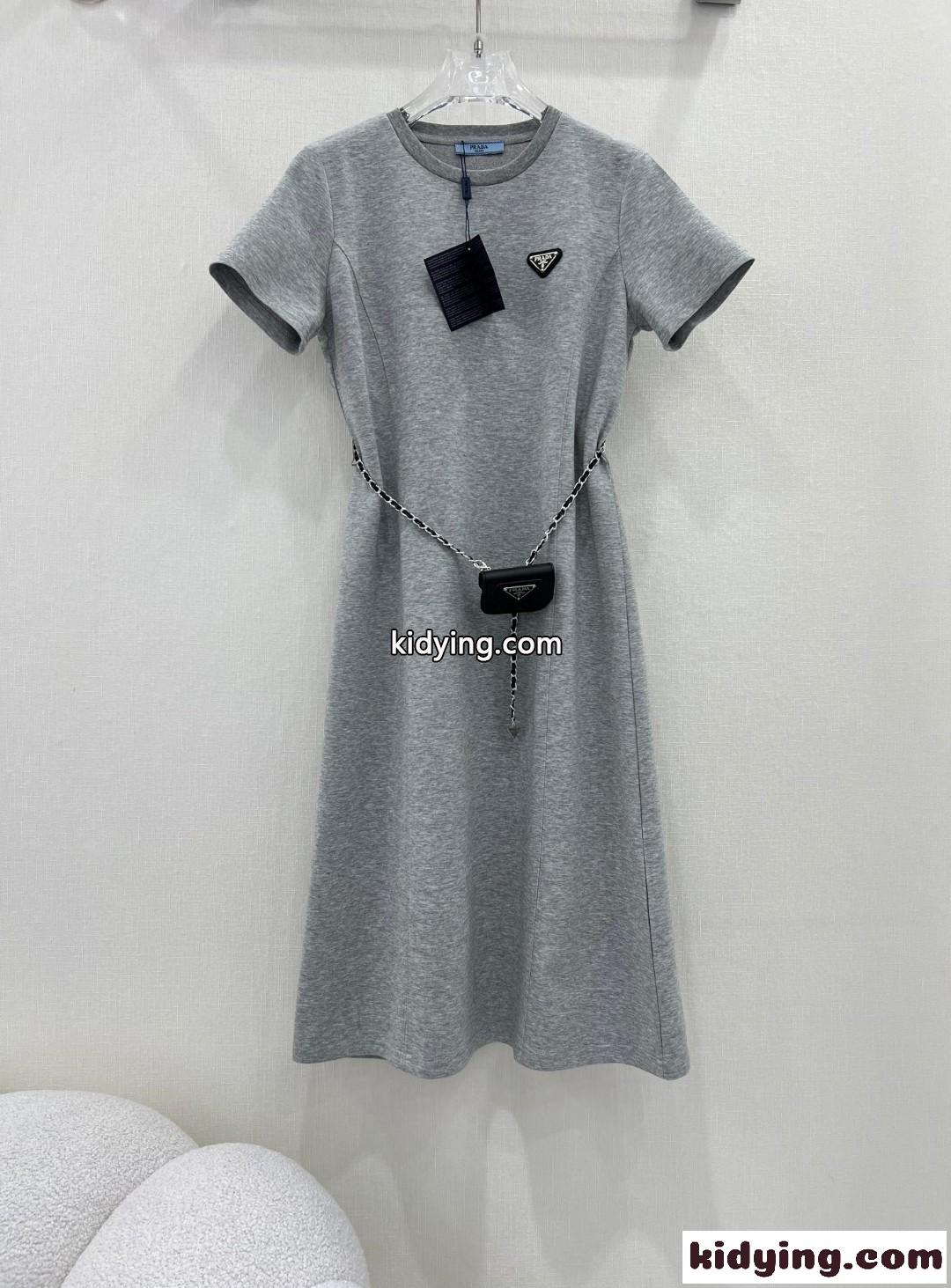 シンプル クルーネック 半袖 Tシャツワンピース プラダ ワンピース コピー レディース グレー-1