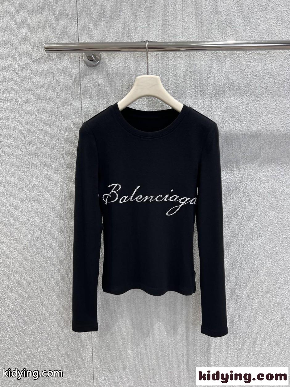 ロゴ刺繍 クルーネック 長袖Tシャツ バレンシアガ Tシャツ 偽物 ブラック-0