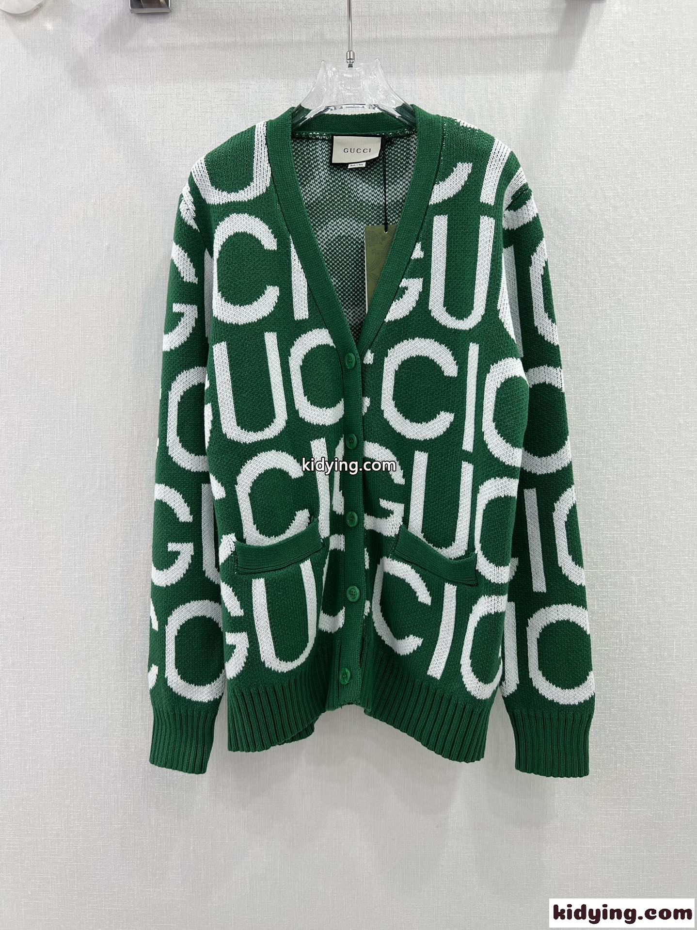 GUCCI インターシャ ウール カーディガン グッチ ニット コピー ユニセックス グリーン-0