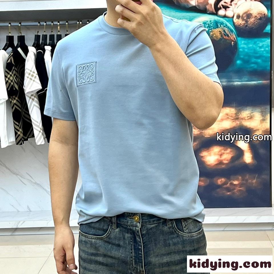 ロエベ Tシャツ 偽物 シンプル クルーネック 半袖Tシャツ ロゴ入り ブルー-1