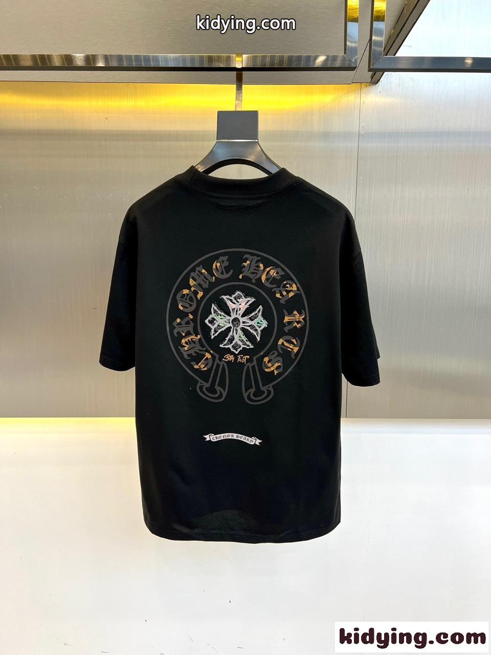 カジュアル プリント クロムハーツ Tシャツ 偽物 コットン ブラック-3
