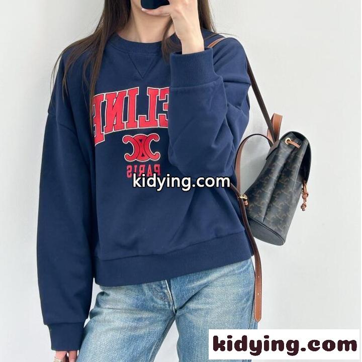 カジュアル ロゴ クルーネック コットン スウェットシャツ セリーヌ Tシャツ コピー ネイビー-0