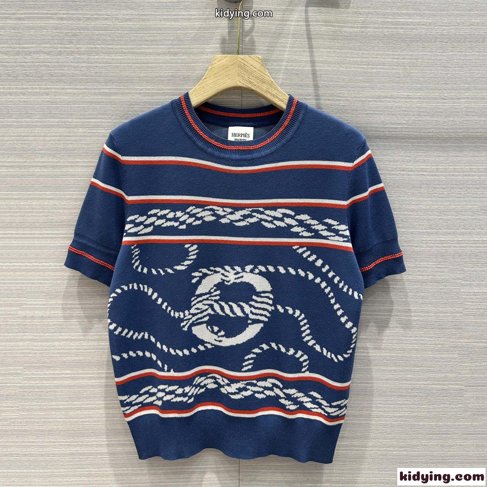 1枚でオシャレ シェーヌダンクルモチーフ 半袖ニット エルメス Tシャツ コピー エレガント-0