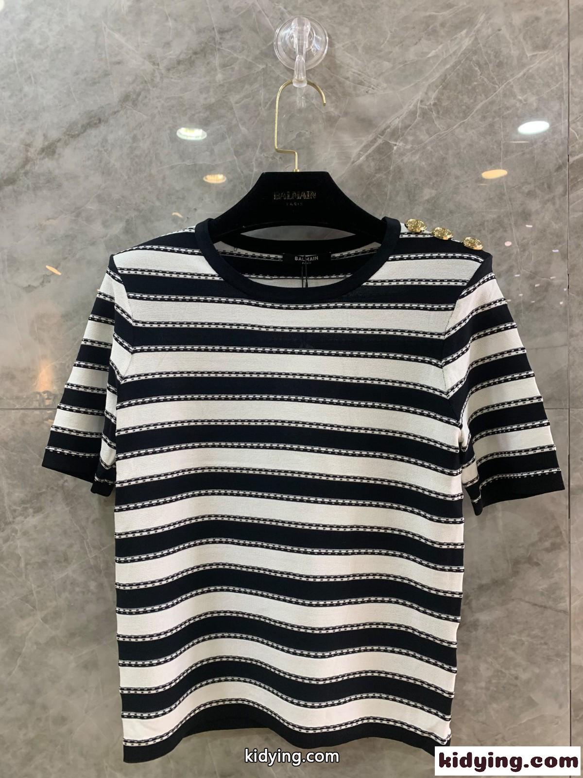 上品 フェミニン 配色 ボーダー柄 半袖 バルマン レディース コピー tシャツ きれいめ カジュアル 定番 トップス-0