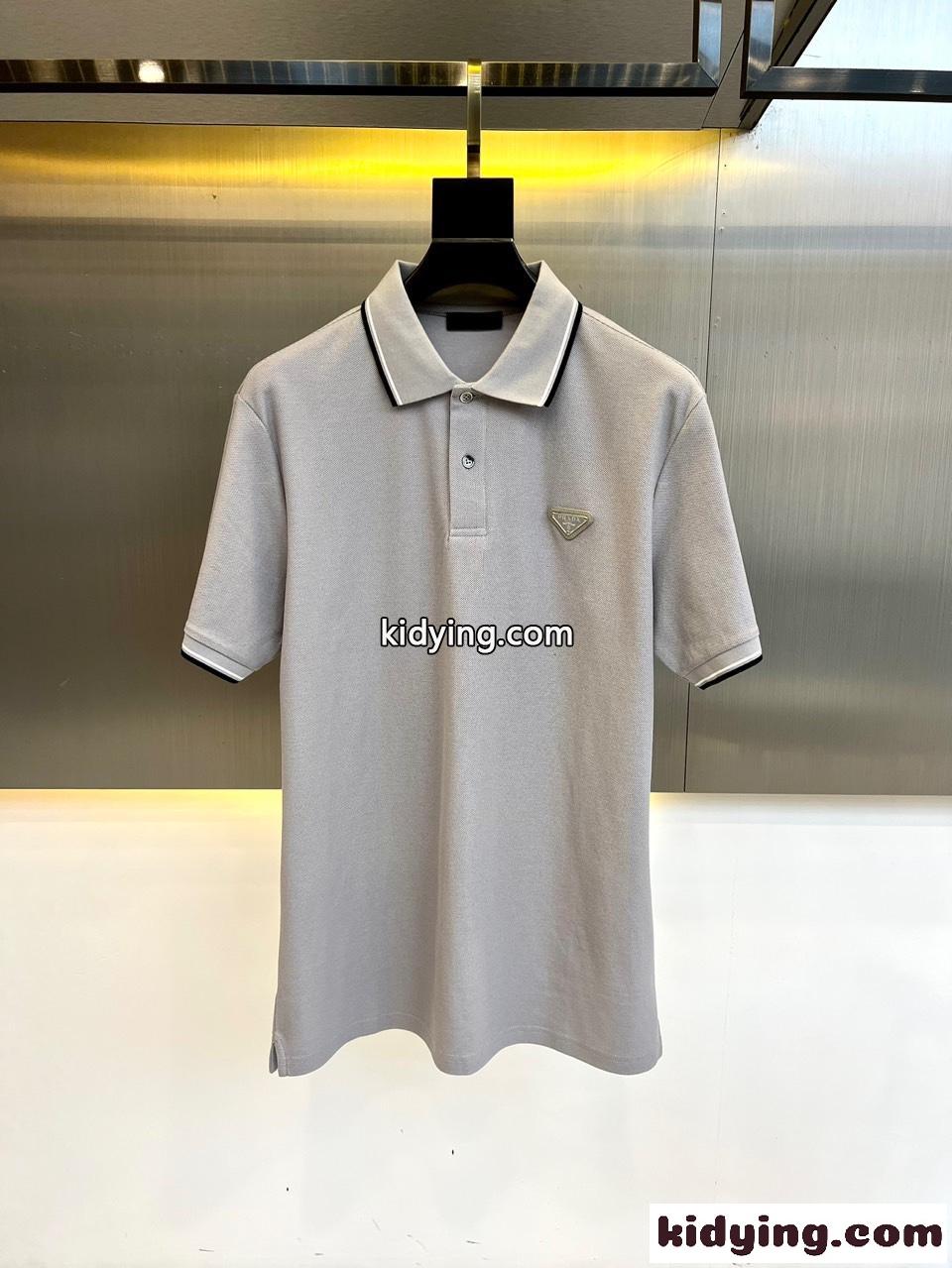 プラダ 半袖Tシャツ コピー トライアングルロゴ付 コットンピケ ポロシャツ グレー-5