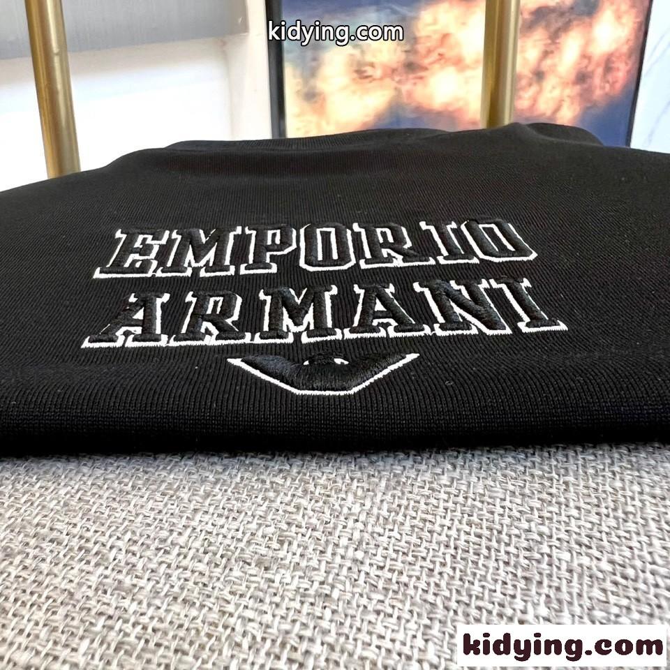 シンプル 刺繍入り アルマーニ Tシャツ コピー クルーネック ブラック-1