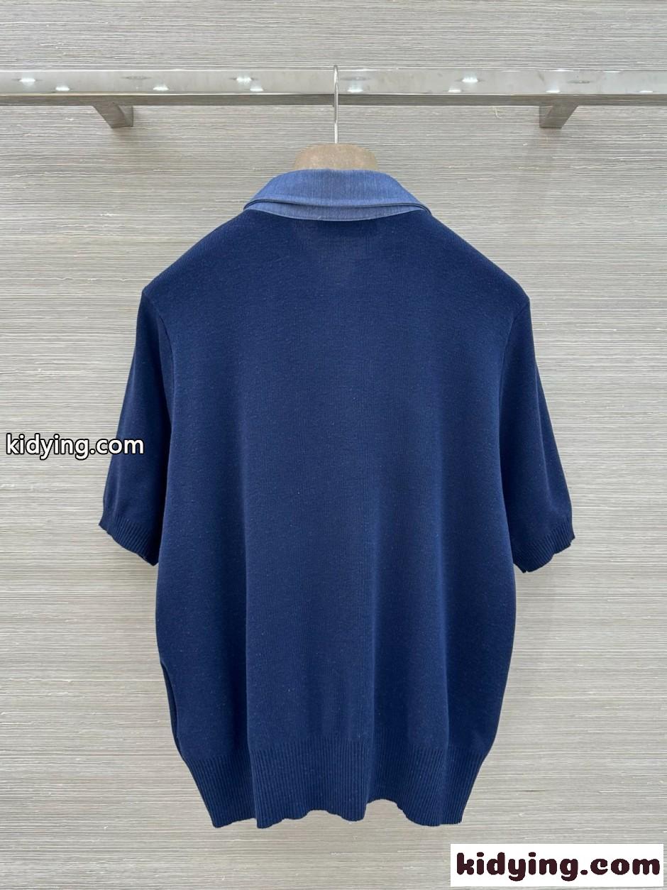 配色 切り替え ポロシャツ ミュウミュウ Tシャツ コピー ブルー-4