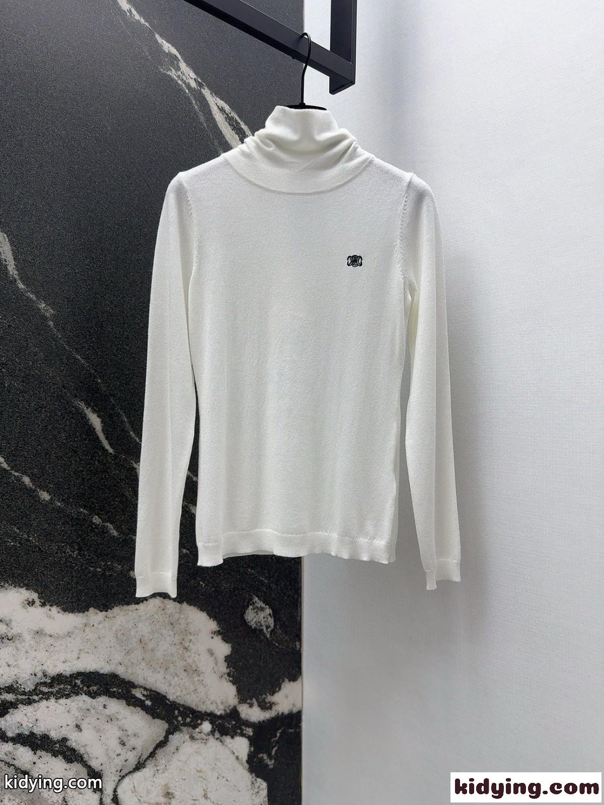 シンプル トリオンフ刺繍 タートルネック トップス セリーヌ Tシャツ 偽物 ホワイト-2