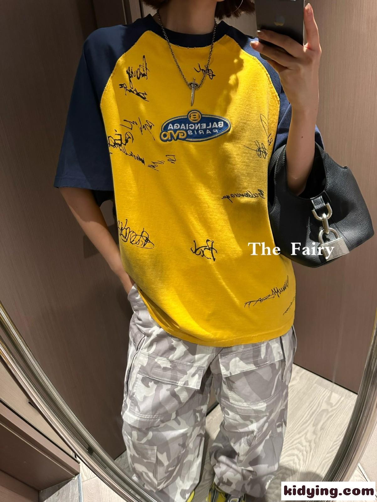 バレンシアガ Tシャツ 偽物 ラグラン オーバーサイズ 半袖Tシャツ イエロー-4