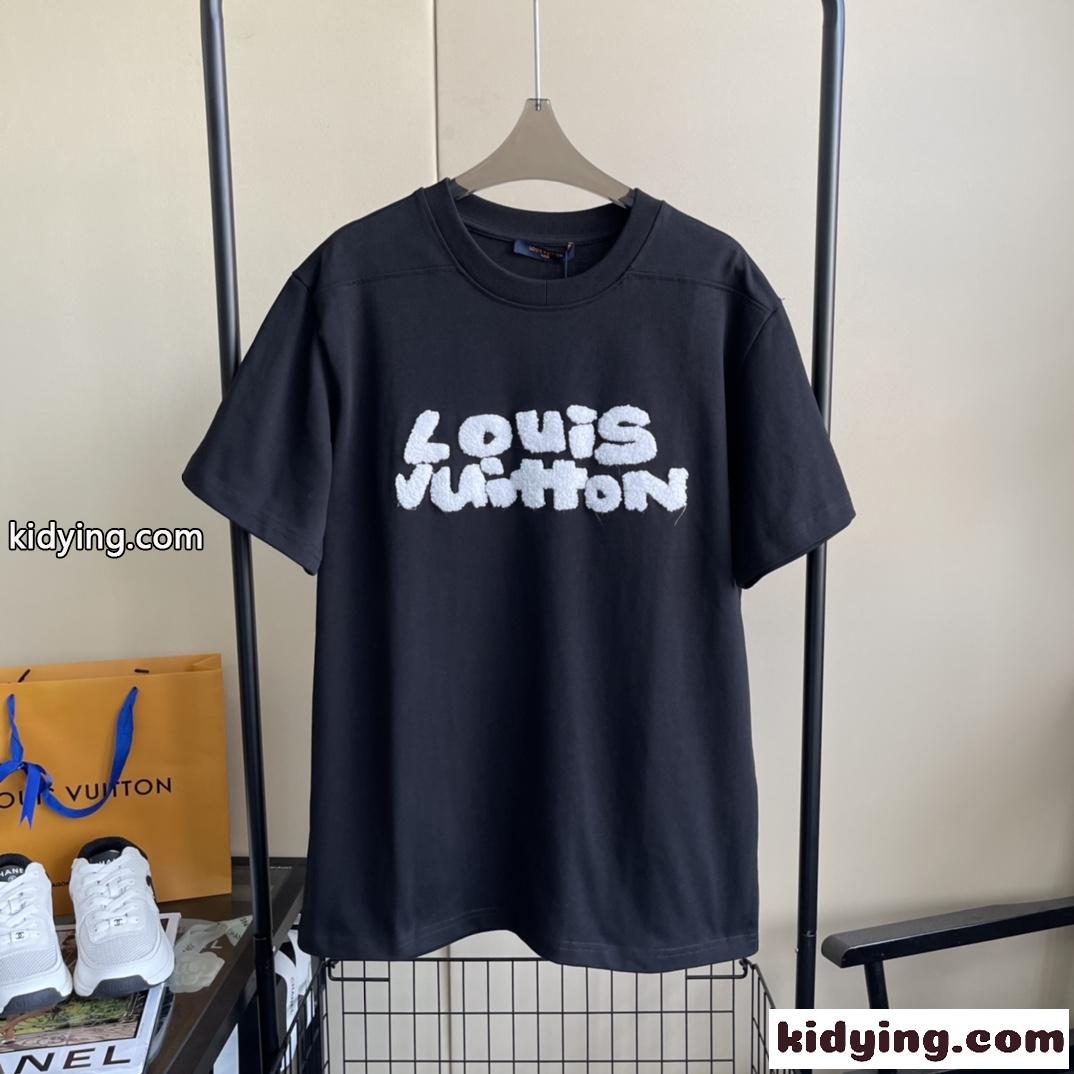ユニセックス ベーシック ロゴ ルイ・ヴィトン Tシャツ コピー ゆったり カジュアル 半袖 トップス ホワイト ブラック-0