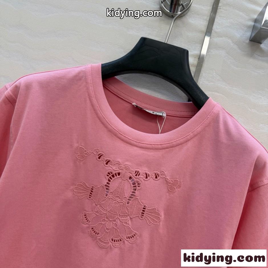 刺繍入り コットン 半袖Tシャツ エルメス Tシャツ コピー クルーネック ピンク-2