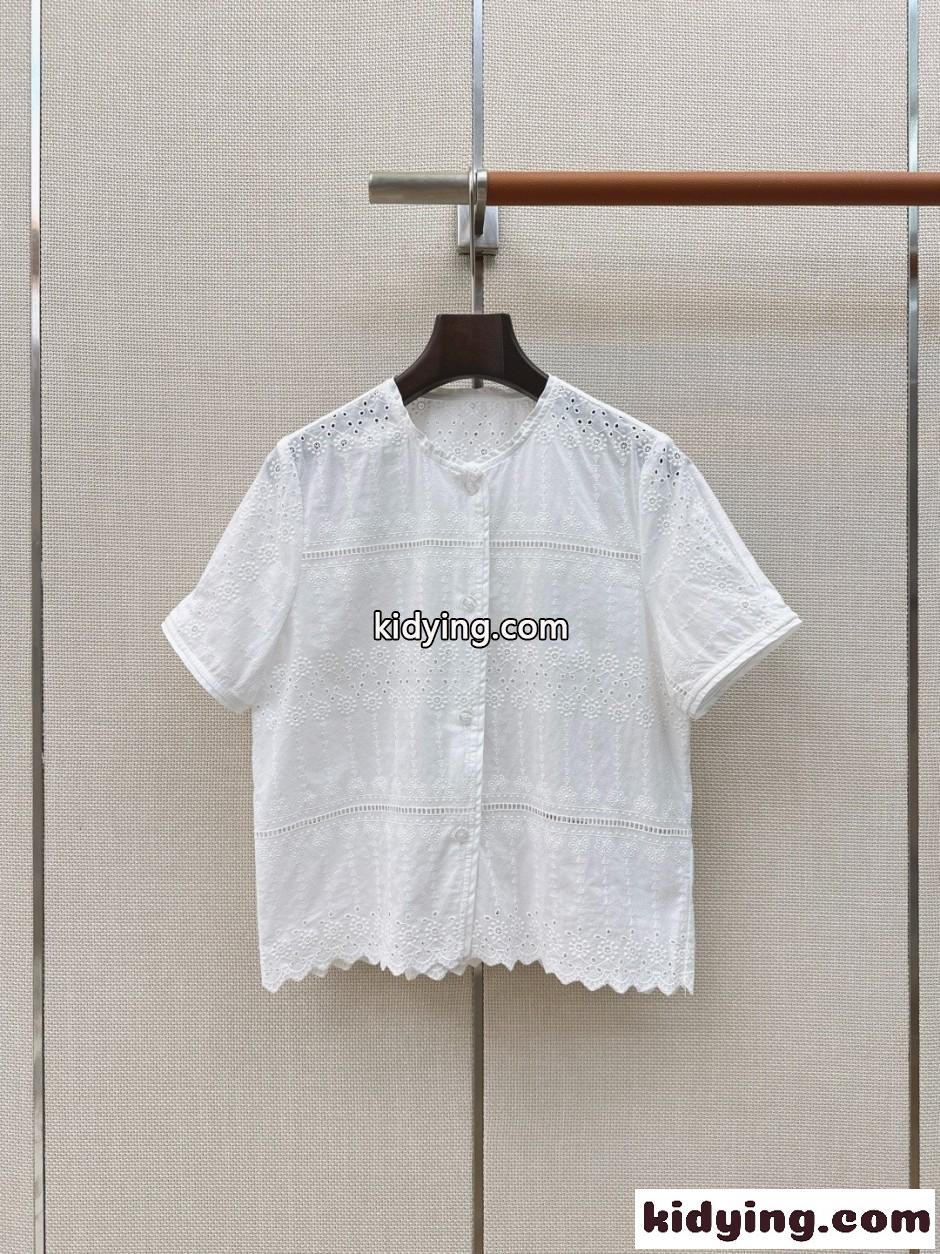 フェミニン レース刺繍 半袖シャツ セリーヌ シャツ 偽物 ホワイト-1