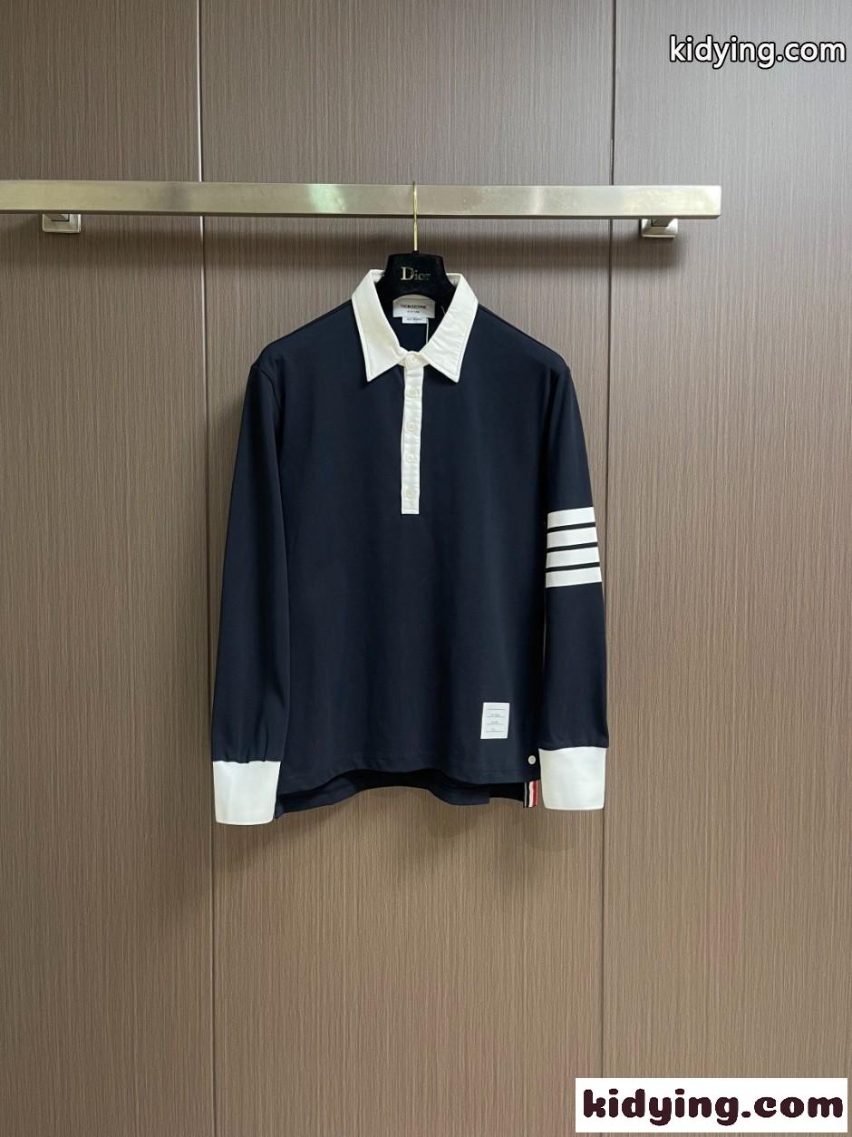 洗練された 配色 ポロシャツ トムブラウン Tシャツ 偽物 ネイビー-0