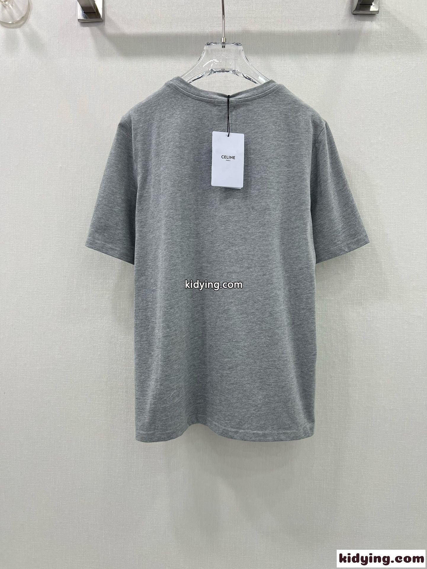 ラインストーン付き ロゴ 半袖Tシャツ セリーヌ Tシャツ コピー グレー-3