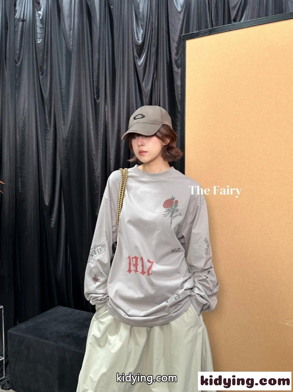 ユニセックス オーバーサイズ 長袖Tシャツ バレンシアガ Tシャツ 偽物 グレー-3
