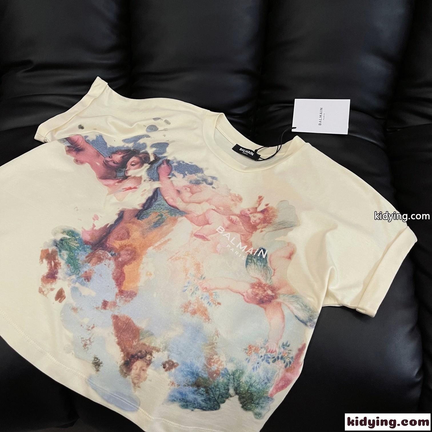 パステルプリント クロップドTシャツ バルマン Tシャツ コピー コットン 半袖 トップス-3