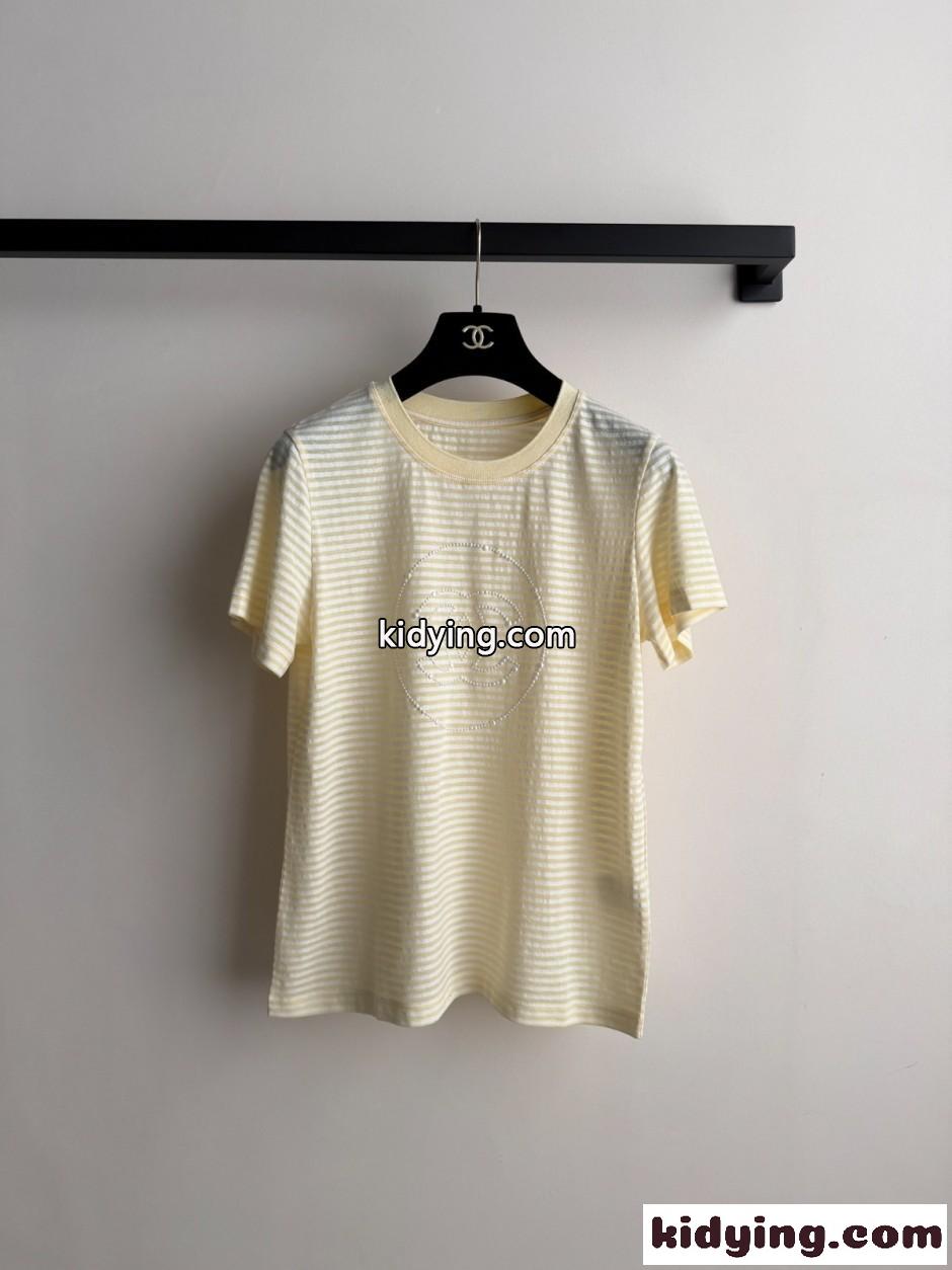 ボーダー柄 ロゴ クルーネック 半袖Tシャツ シャネル Tシャツ コピー イエロー-0
