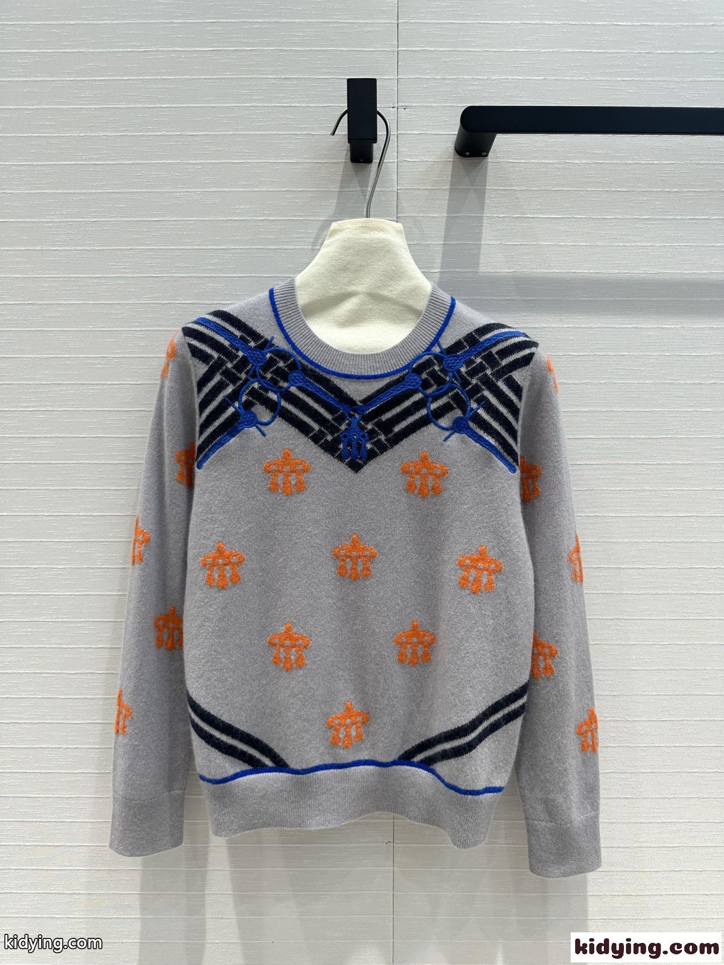 馬銜 刺繍入り ウール&カシミヤ ニット エルメス セーター コピー グレー-0