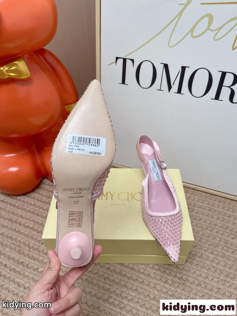 メッシュ ラインストーン バックストラップ パンプス ジミーチュウ コピー ピンク-4