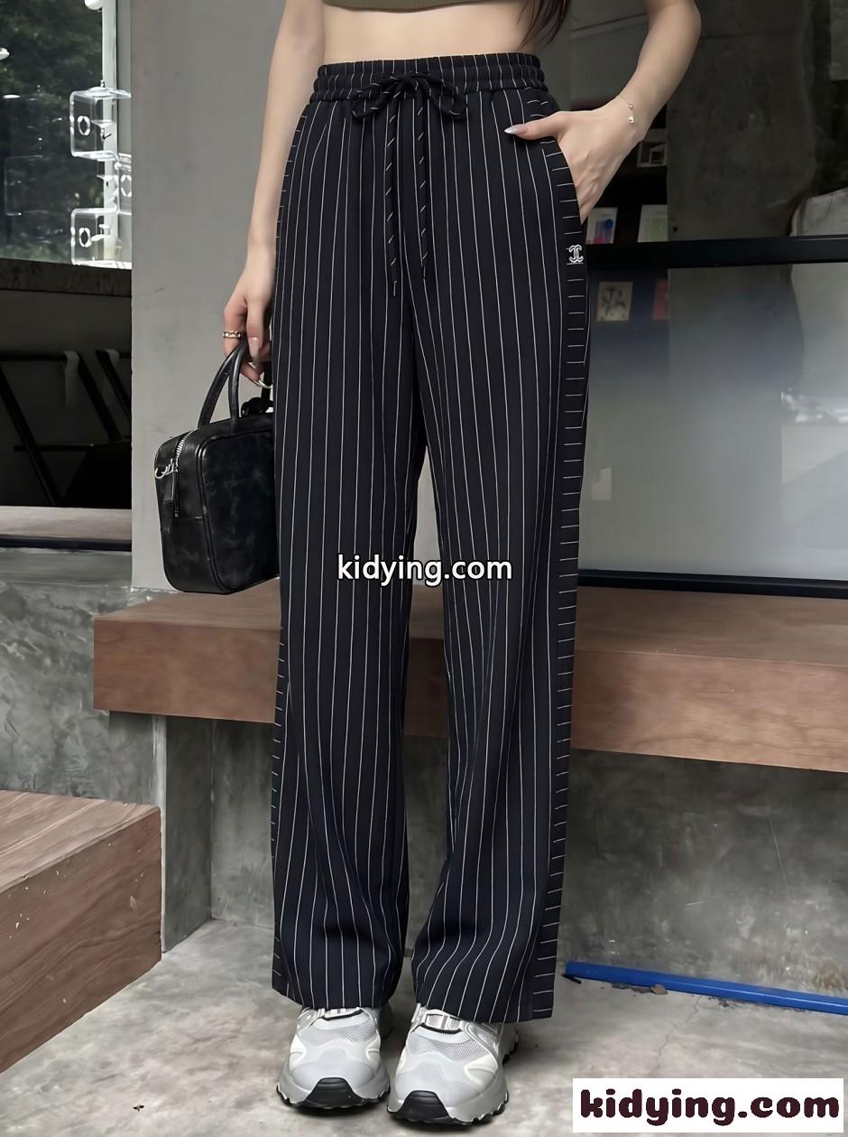 ピンストライプ ドローストリング ロングパンツ シャネル パンツ コピー ブラック-4