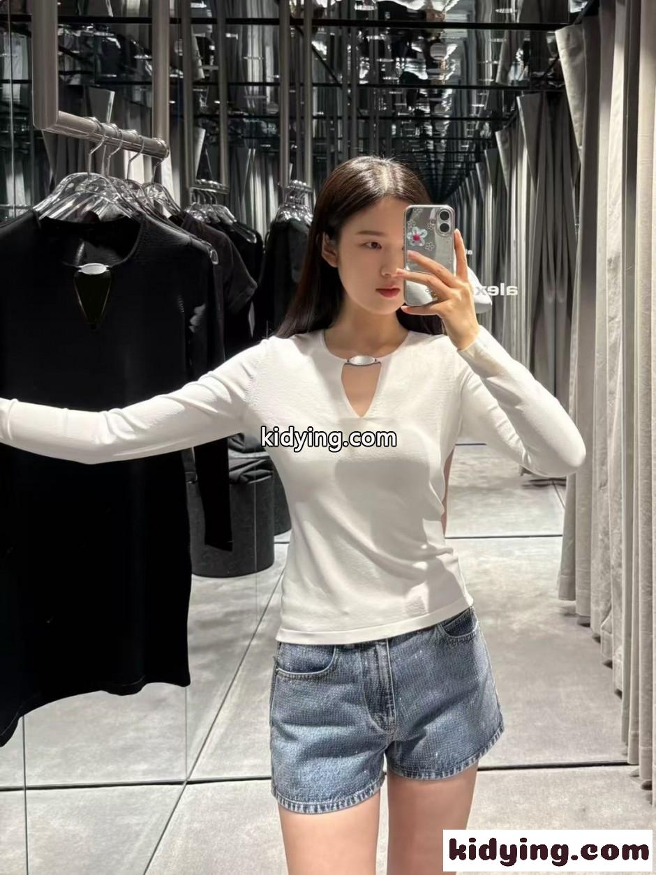 シンプル Vネック 長袖Tシャツ アレキサンダーワング Tシャツ 偽物 ホワイト-4