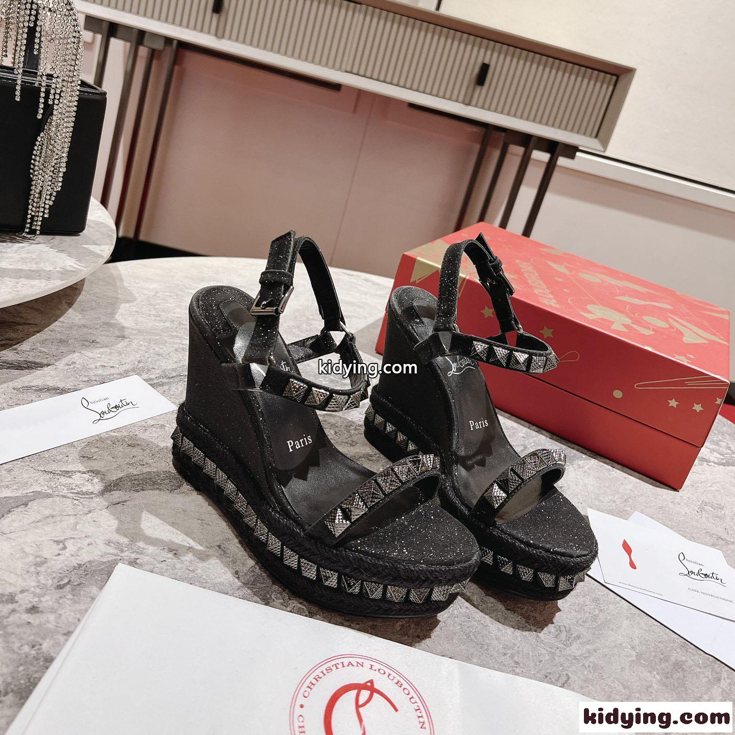 歩きやすい 12CM ウェッジソール クリスチャン・ルブタン サンダル コピー レディース ブラック-0