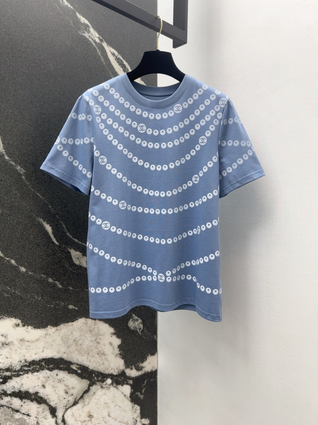 お洒落 パールプリント 半袖Tシャツ シャネル Tシャツ コピー コットン ブルー-1