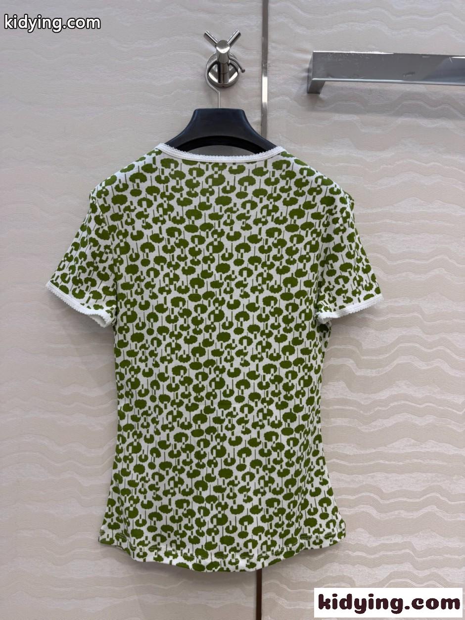 総柄プリント コットン 半袖Tシャツ ミュウミュウ Tシャツ コピー グリーン-4