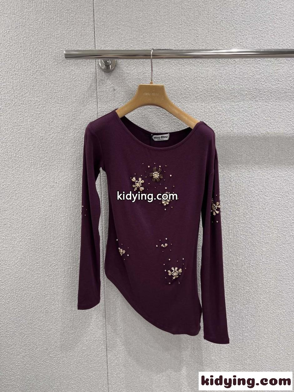ビジュー装飾 アシンメトリー 長袖カットソー ミュウミュウ Tシャツ コピー パープル-0