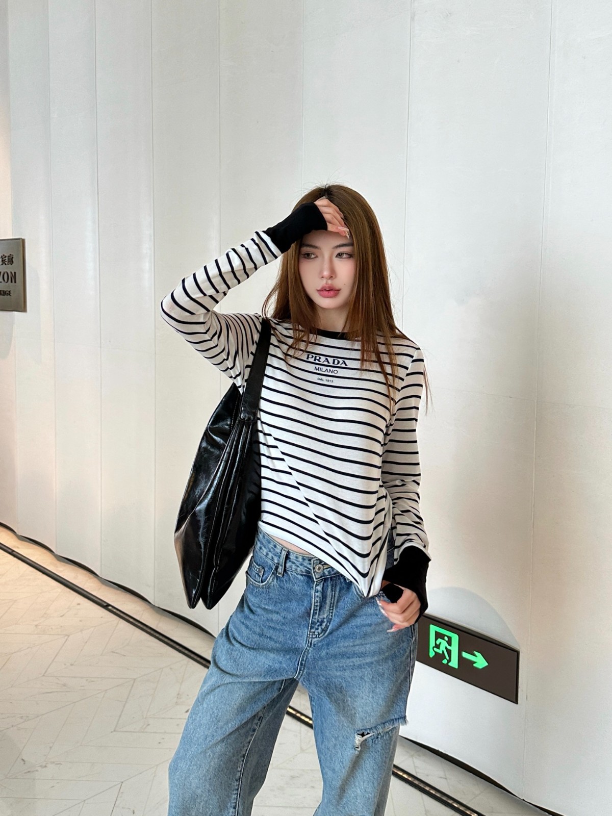 ボーダー柄 ロングスリーブTシャツ プラダ Tシャツ 偽物 長袖Tシャツ-5