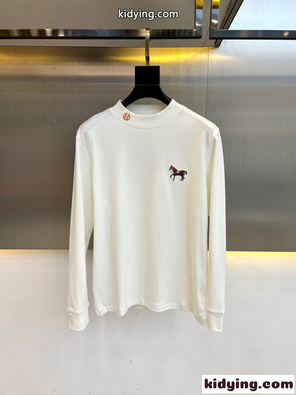 秋冬 合わせやすい ロゴ 刺繍 エルメス Tシャツ コピー 長袖Tシャツ ホワイト-0