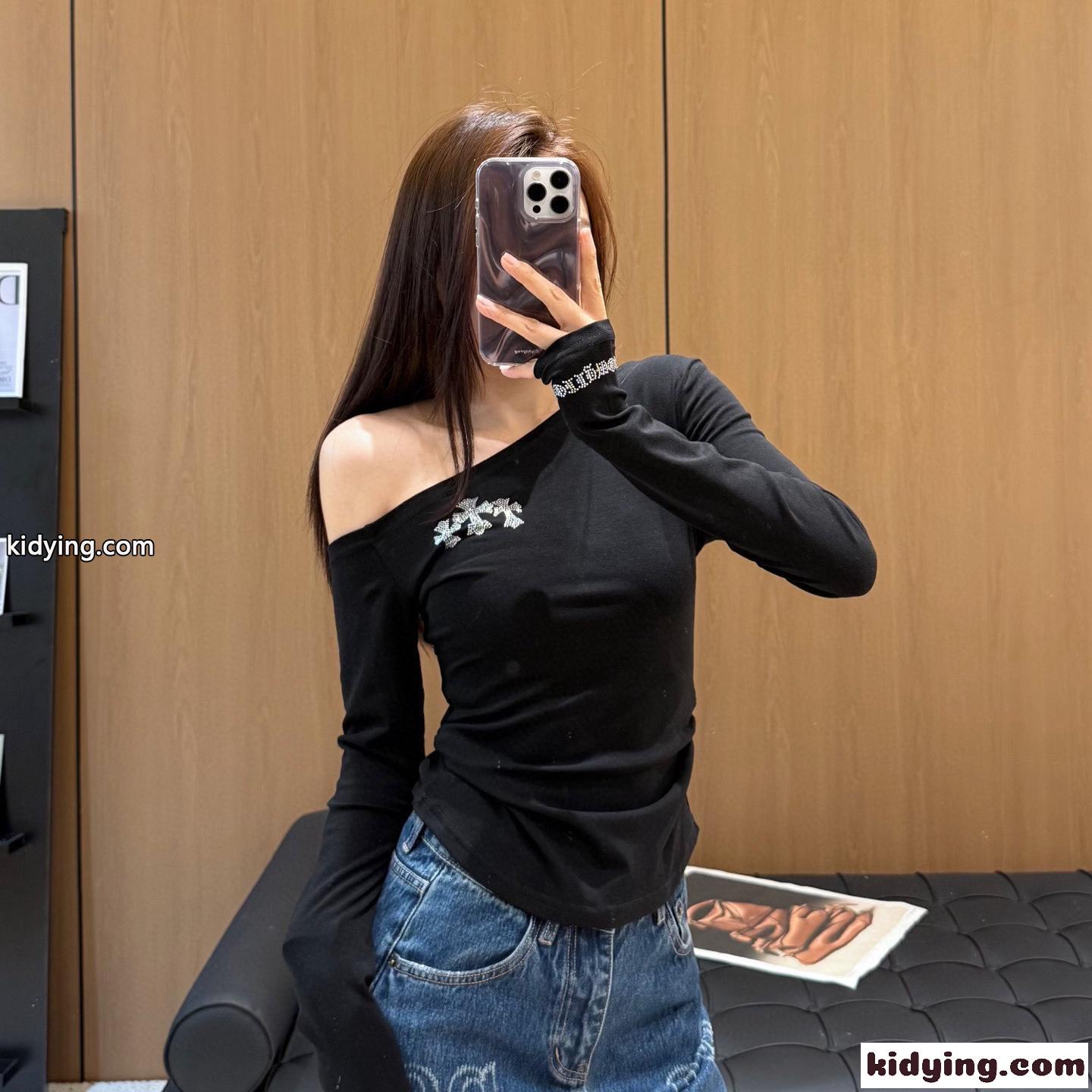 アシンメトリーショルダー トップス クロムハーツ Tシャツ 偽物 ブラック-0