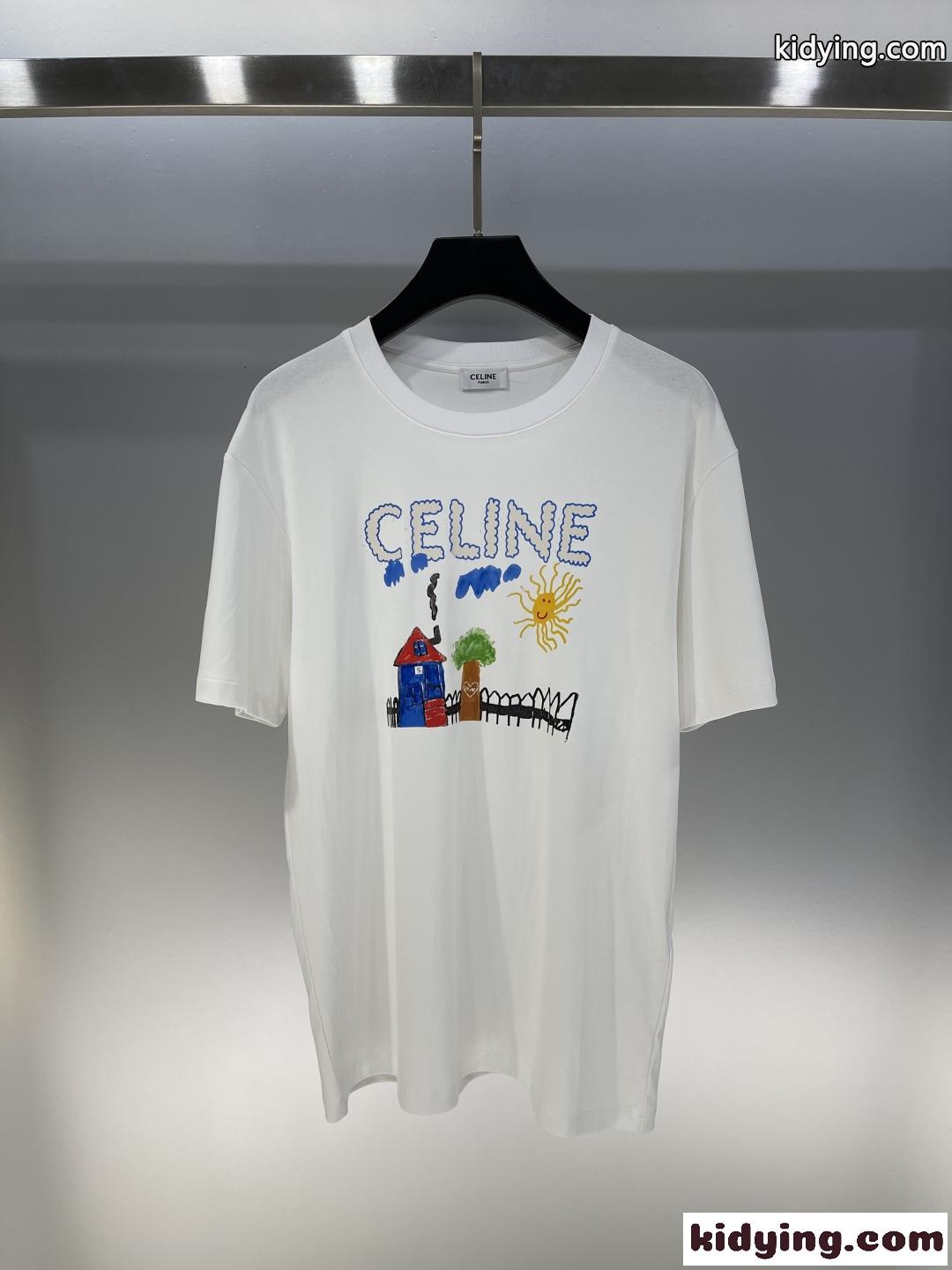 可愛い プリント ルーズTシャツ セリーヌ Tシャツ コピー コットン ホワイト-2