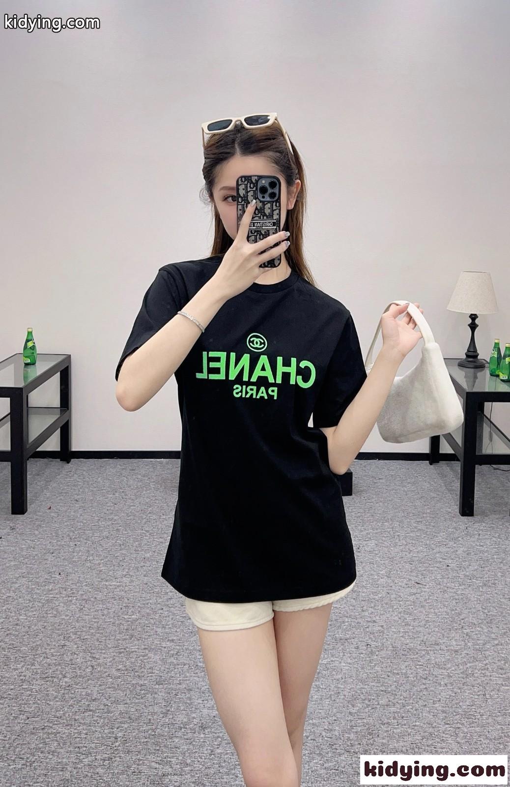 シャネル Tシャツ コピー シンプル プリント コットン 半袖Tシャツ ブラック-4
