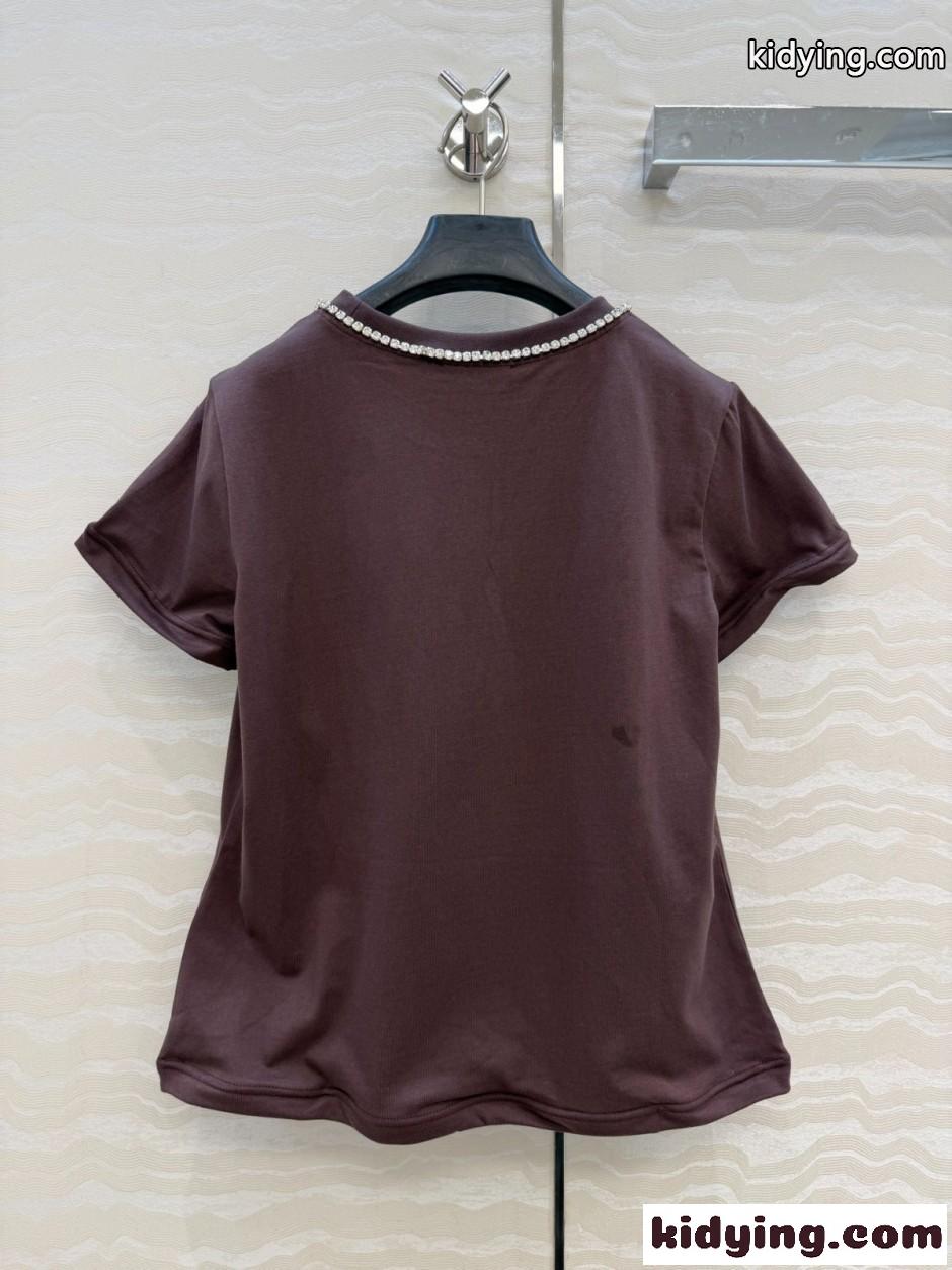 シンプル ビジュー装飾 半袖Tシャツ プラダ Tシャツ 偽物 コットン ブラウン-4