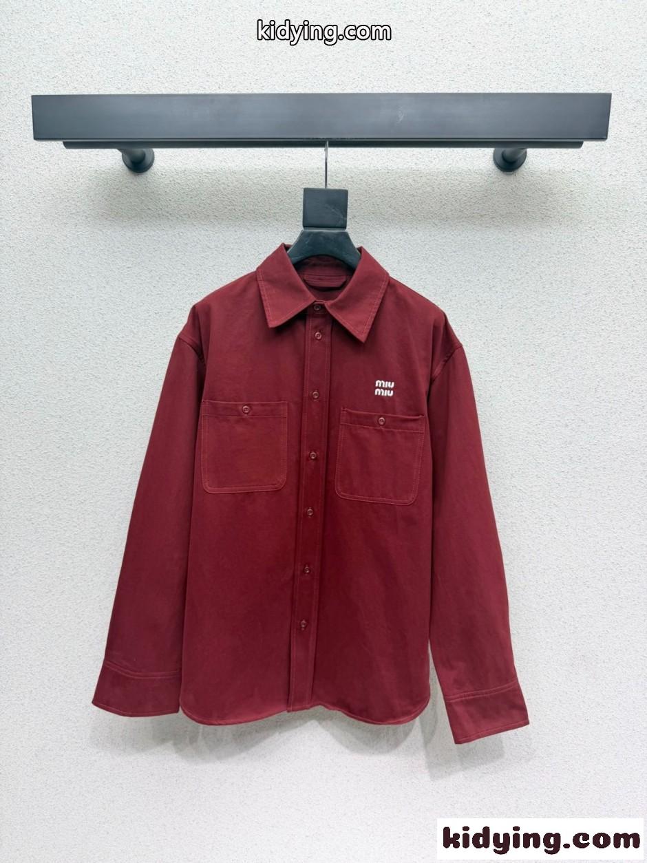 エレガント コットン ロゴ刺繍 長袖シャツ ミュウミュウ シャツ コピー ボルドー-0