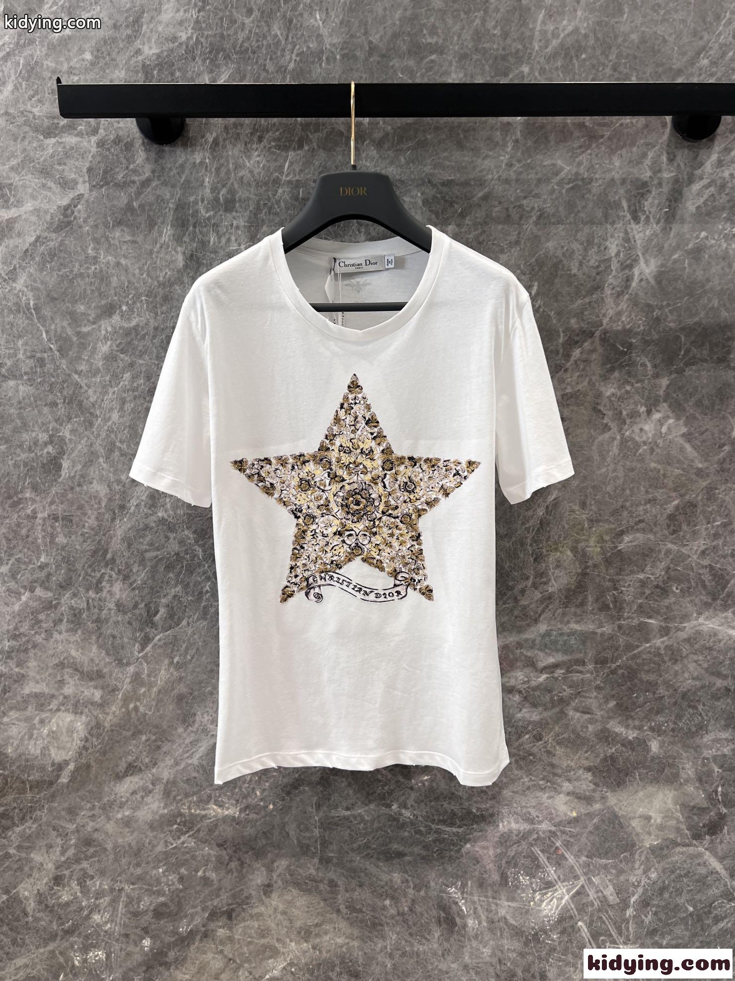 ディオールトップス偽物 星プリント Tシャツ 半袖 100％綿 シンプル レディース ホワイト-0