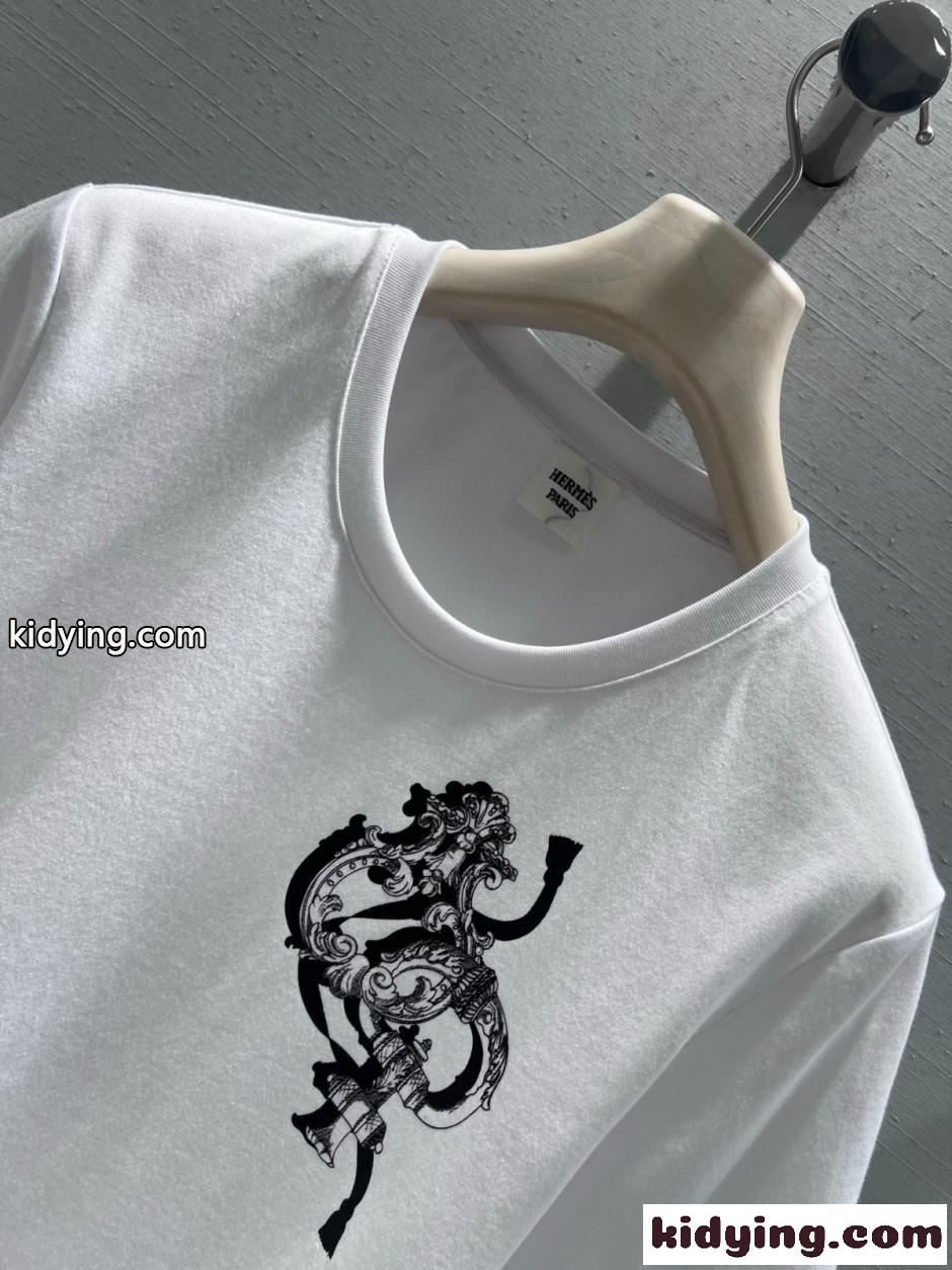 コットン プリント 半袖Tシャツ エルメス Tシャツ コピー クルーネック ホワイト-2