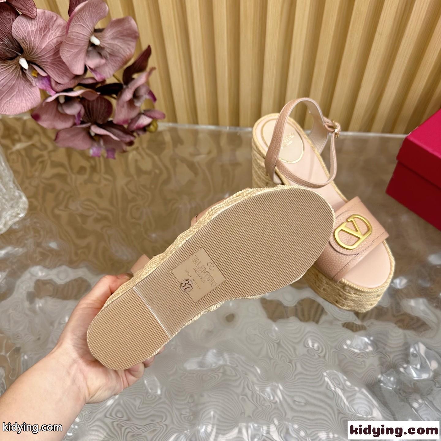 Vロゴ レザー ウェッジサンダル ヴァレンティノ サンダル スーパーコピー ピンク-4