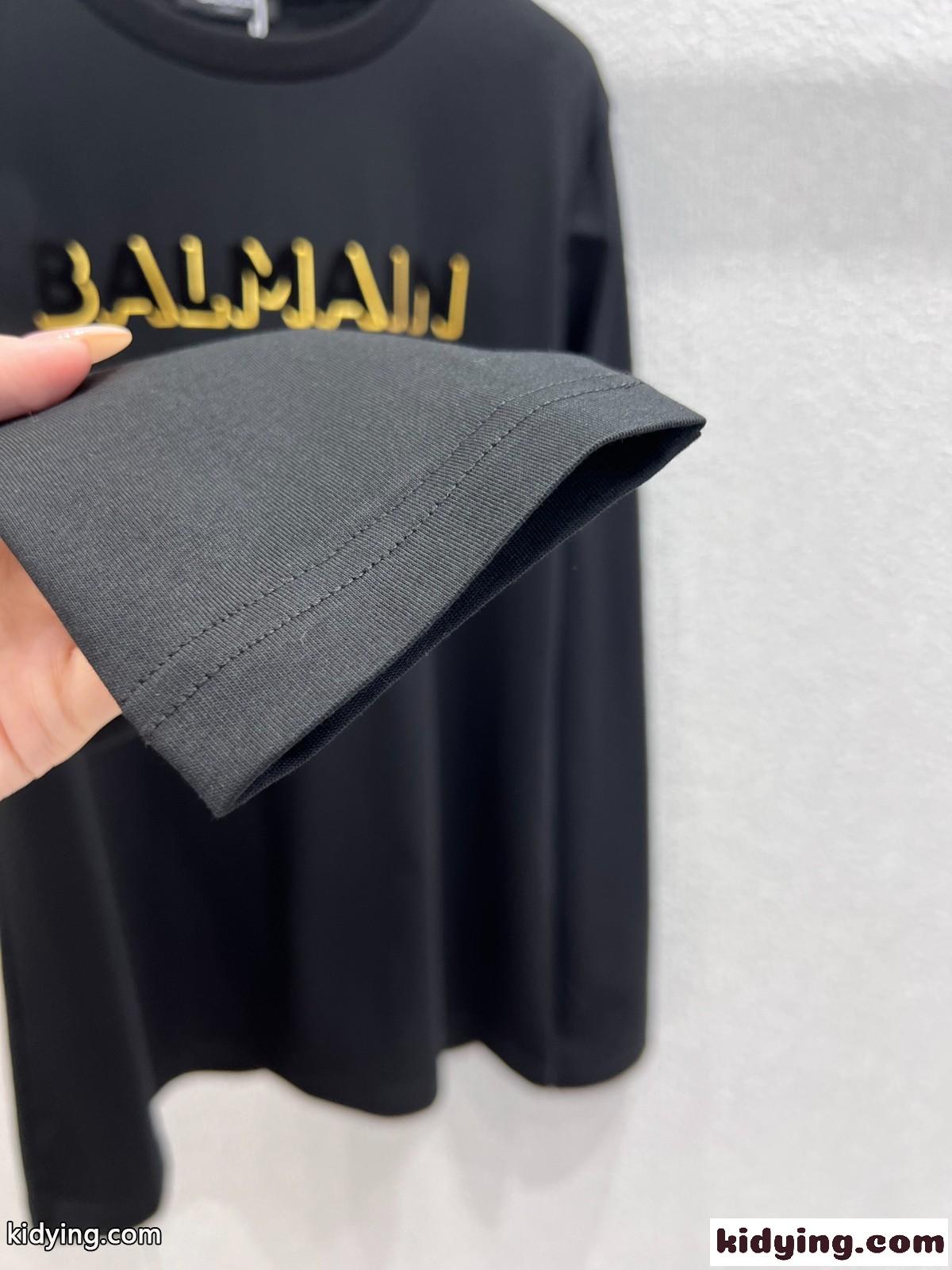 シンプル ロゴプリント 長袖Tシャツ バルマン Tシャツ コピー コットン ブラック-3