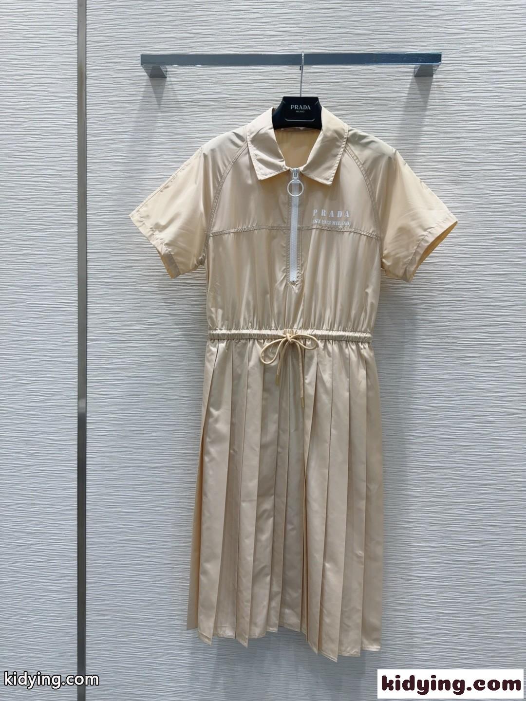 上品 カジュアル ハーフジップ 半袖ドレス プラダ ワンピース 偽物 ベージュ-2