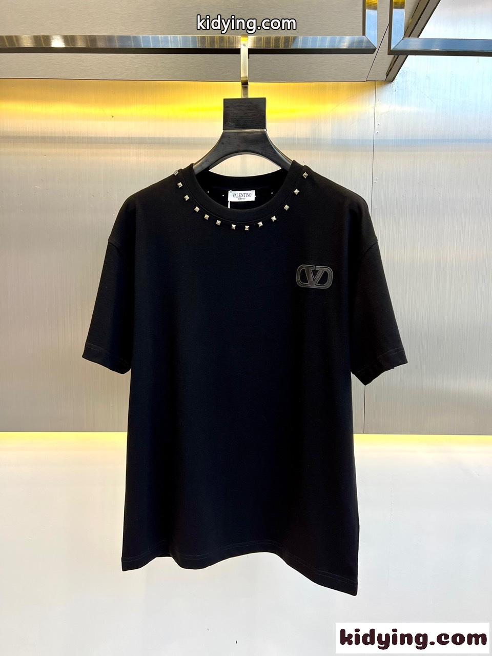 ヴァレンティノ Tシャツ コピー メンズ スタッズ付き クルーネック コットン 半袖Tシャツ-0