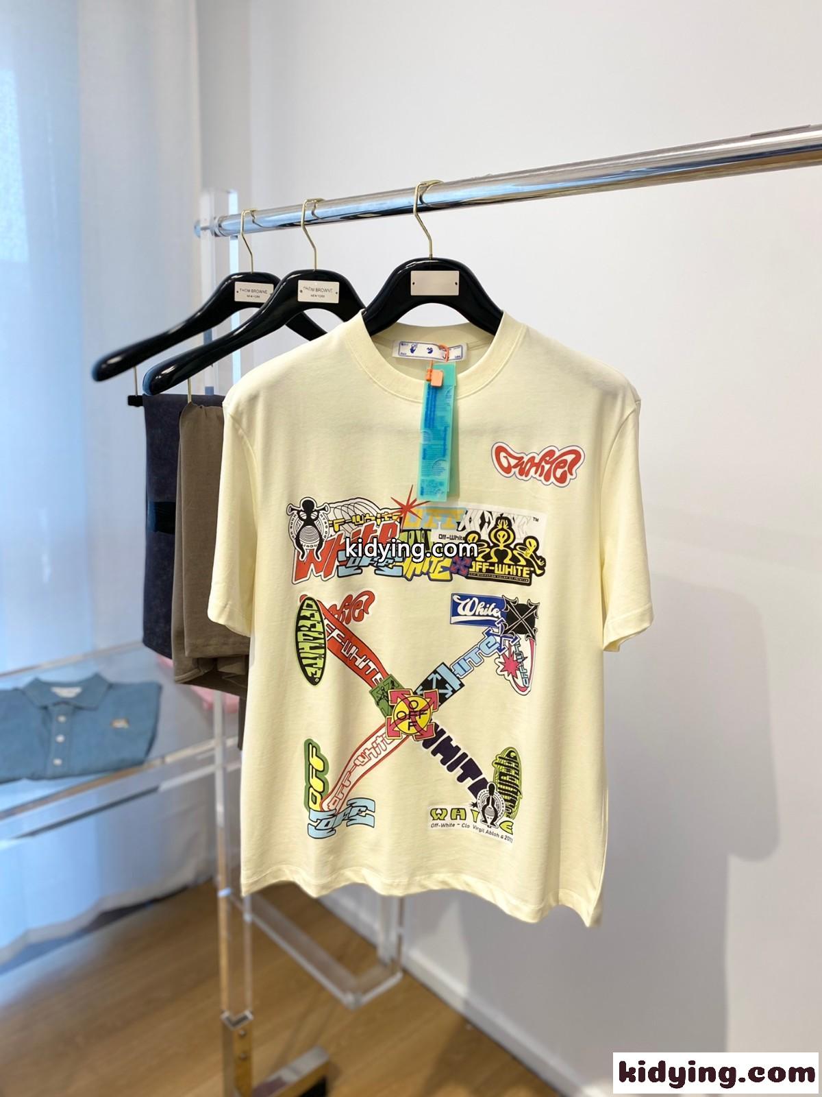 オフホワイト tシャツ コピー カジュアル プリント コットン 半袖Tシャツ-0