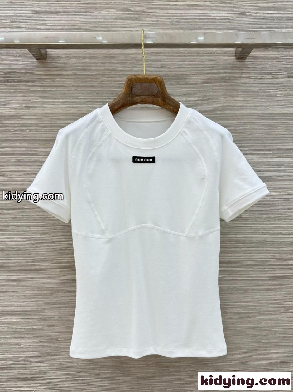 洗練された 合わせやすい 半袖Tシャツ ミュウミュウ Tシャツ コピー ホワイト-1